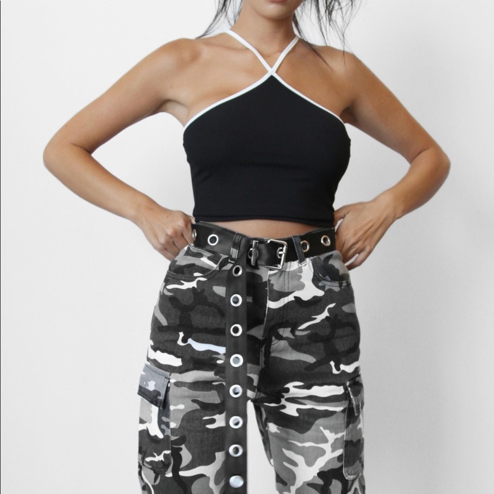 Tic-Toc Silky Rib Crop Top Black With White Trim